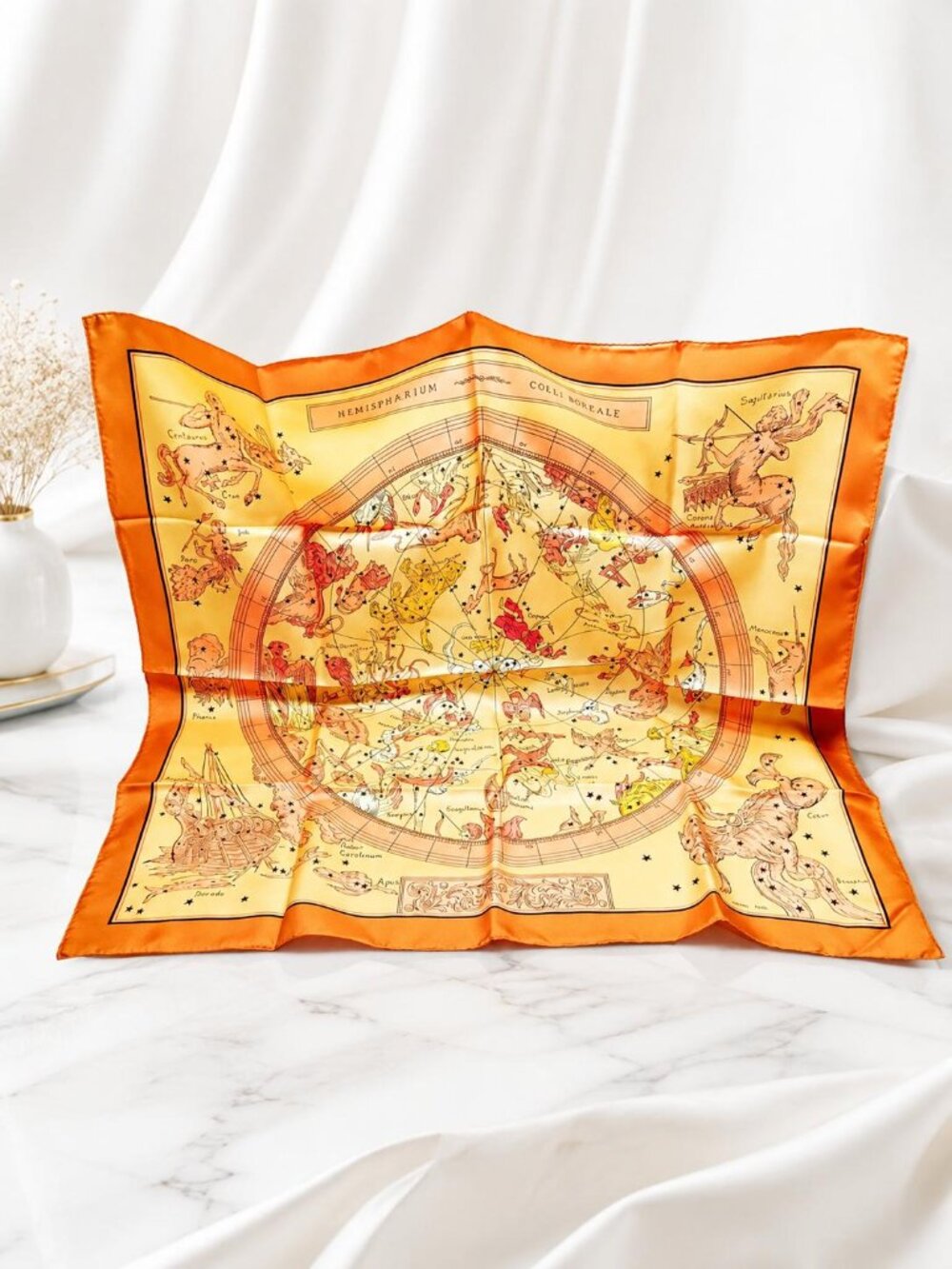 Authentic Hermès Paris Silk Scarf 90 Zodiac Celestial Constellation Orange